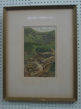 Irish School, watercolour drawing "Mountain with Torrent" monogrammed CWB, 11" x 7"
