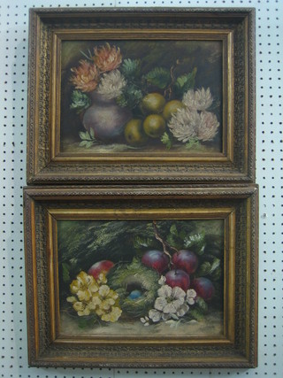 A pair of Victorian oil paintings on board, still life studies "Fruit" 10" x 12 1/2"