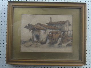 19th Century Continental watercolour drawing "Water Mill"  10" x 13 1/2" (creased and damaged)
