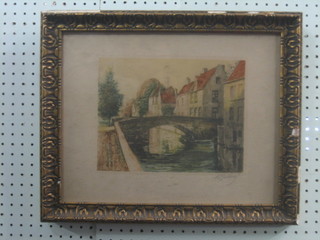 A Continental coloured print "River with Buildings and Bridge" 8" x 10"