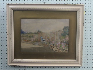 A 1930's watercolour drawing "Garden with Terrace and Seated Figure" 9" x 13"