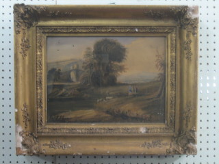 18th/19th Century watercolour drawing, naive school "Rural Scene with Castle in Distance, Sheep and Figures" 9" x 12"
