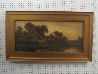 19th Century oil on board "Rural Scene with Thatched Cottages and Pond" 8" x 21"