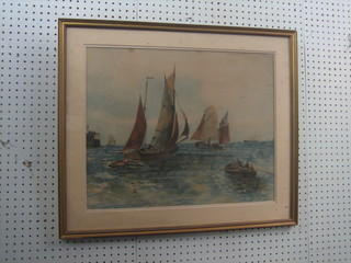 L Moore, watercolour drawing "Study of Fishing Boats" 17" x 21"