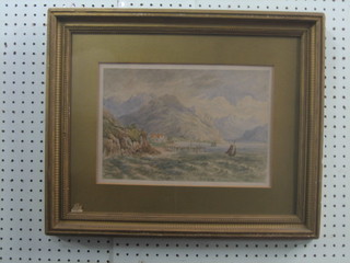 19th Century watercolour "Alpine Lake Scene with Mountain, Jetty and Boats" 8" x 12", indistinctly signed