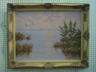 Jan Van Dyk oil on canvas "Lake with Flying Swans" 17" x 23"
