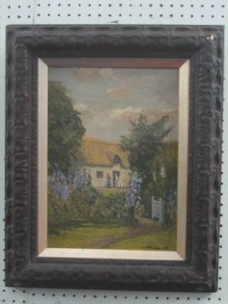 J Miller Kite, 1930's oil on board "Thatched Cottage and Garden" 12" x 9"
