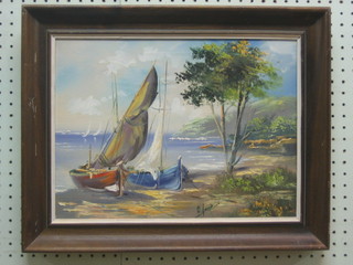 An oil  painting on canvas "Fishing Boats" 11" x 15"