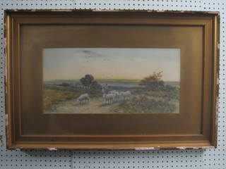 A Watts, watercolour drawing "Moorland Scene with Sheep, Figures, Buildings in Distance" 10" x 20"