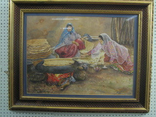 Persian School, watercolour "Making the Bread"  16 1/2" x 34", indistinctly signed