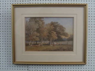 R W Lucas, watercolour drawing "Deer in Parkland" signed and dated 1850 9" x 13"