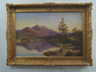 19th Century oil on canvas "Mountain Lake Scene with Church and Figures Standing by Ducks" 19" x 29"