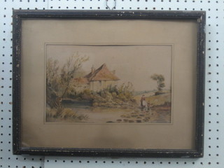 A pair of 19th Century watercolour drawings "Thatched Country Cottage by a Lane with Figure Walking" and "Country Cottage by a Stream with Figures" 7" x 7"