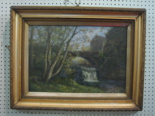 C Markham, oil on canvas "Study of a Waterfall with Bridge" 12" x 18" signed and dated 1903