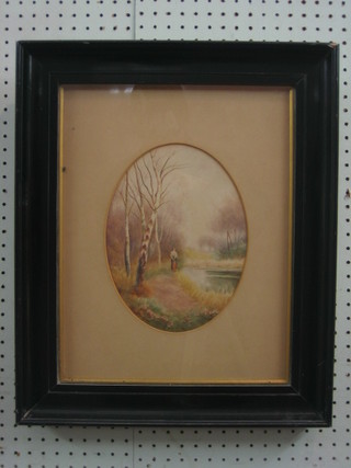 Chas. Masters, Victorian watercolour "Lady by a River" 9" oval, contained in an ebonised frame