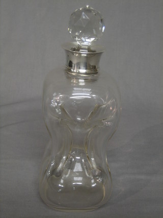 A pinched glass decanter with silver collar, marks rubbed 11"