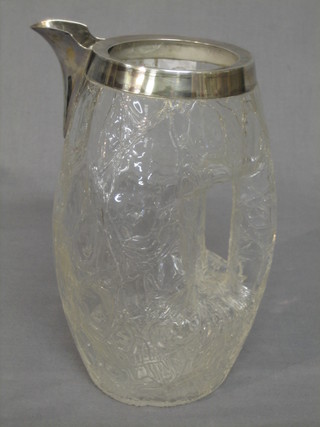 An Edwardian crackle glass lemonade jug with silver rim, Sheffield 1901
