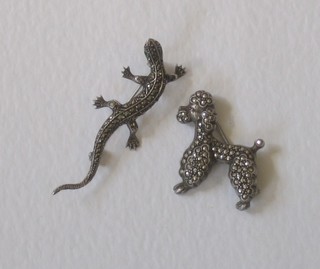 A silver marcasite brooch in the form of a lizard and 1 other in the form of a Poodle