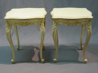 A pair of French style carved wood square lamp tables, raised on cabriole supports 18"
