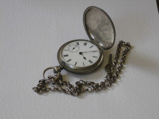 A Continental silver full hunter pocket watch hung on a silver belcher link chain