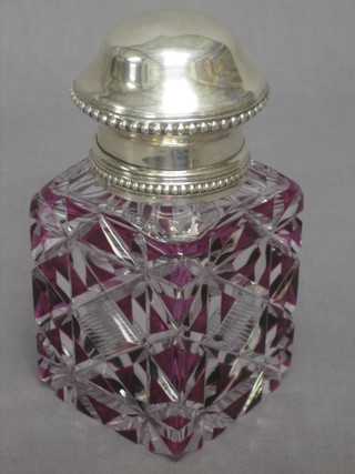 A handsome Continental square cut glass and overlay red glass caddy with silver collar, 4"