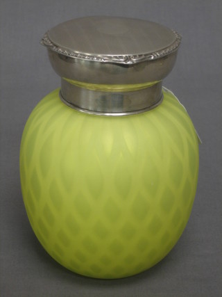 A Vaseline glass scent bottle/caddy complete with stopper, silver collar and lid, Birmingham 1927 6"
