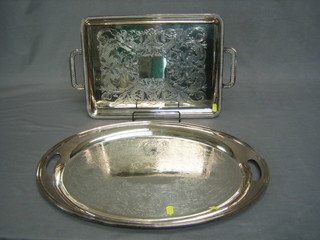 An engraved oval silver plated tea tray and a rectangular silver plated tea tray 16"