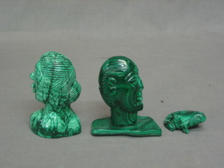 An Eastern malachite carved bust 5", 1 other and a figure of a frog