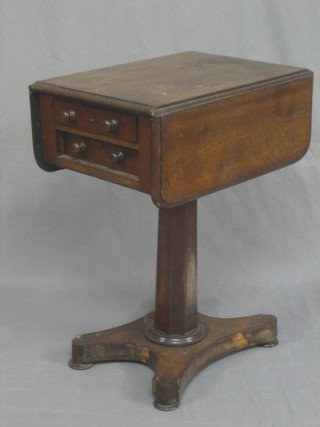 A William IV mahogany drop flap work table, fitted 2 drawers, raised on a chamfered column and triform base 20"