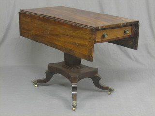 A Georgian mahogany pedestal Pembroke table, crossbanded rosewood, fitted a frieze drawer and raised on square column with chamfered base ending in splayed feet 40"