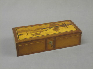 A parquetry box, the lid decorated a lake scene with boat and mountains in the distance 12"