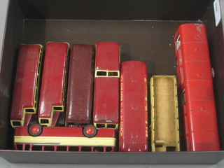 2 Dinky models of coaches, a Dinky Deluxe coach and ditto Observation coach, ditto coach no 283,  A Dinky open top bus no. 229, a Dinky single decker bus and a Dinky Duphel Road Master coach 