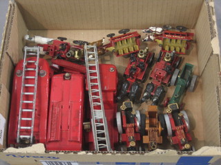 A Dinky Super Toy fire engine no. 955, ditto 259, a Matchbox fire engine, together with 4 cast models of a horse drawn fire engines, 4 cast traction engines and 2 cast horse drawn buses