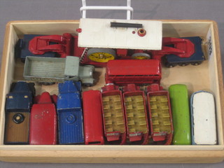 A Lesney model Crane 200 ton transporter, a Lesney 1 ton Trojan van, a Crane transporter with traction engine, 3 Lesney model buses, a coach and a model Volkswagen bus