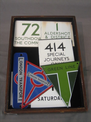 A London Transport triangular enamelled sign 6", ditto Greenline, a rectangular London Transport badge 8", 6 various enamelled bus destination signs - 303 Fair Storage, 403 342 Saturday, 414 Special Journeys Only, 1 Aldershot & District Fair Stage and 72 Southdown Common 5" x 5"