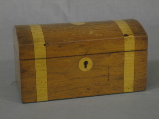 A 19th Century bleached mahogany domed twin compartment tea caddy with hinged lid 9"