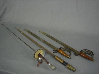 A pair of reproduction swords, a fencing foil and 1 other sword