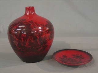 A Royal Doulton globular shaped flambe vase, base marked Flambe Woodcut 9" together with a similar dish 6"