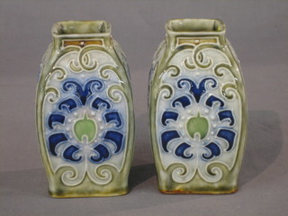 A pair of Royal Doulton square shaped vases, base marked Royal Doulton Lambeth 7674 4 1/2" (slight chip to base)