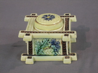 A 19th Century Continental square Majolica inkwell with leaf decoration (slight chip to rim) base marked Geschutiz, 2 1/2"