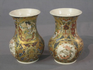 A pair of 19th Century Japanese Satsuma club shaped vases decorated court figures 5"