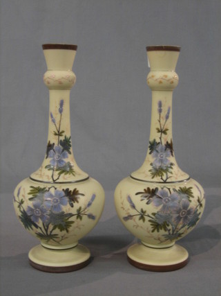 A pair of Victorian brown opaque club shaped vases with floral decoration, the base monogrammed TTK? 11 1/2" (1 chipped)