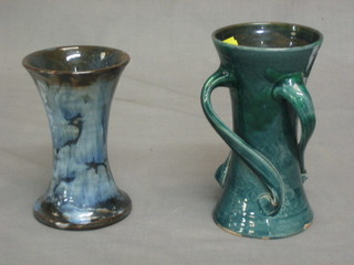 A Baron of Barnstaple green glazed pottery 3 handled waisted vase 6" (slight chip to base) and 1 other studio pottery blue waisted vase 5"