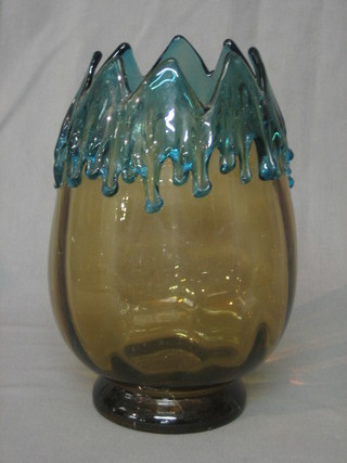 A blue and brown Art Glass vase 9"