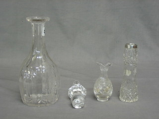 A 19th Century panel cut club shaped decanter with etched decoration 9", a small vase, 1 other vase and a stopper