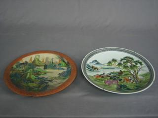 A famille vert style porcelain plate decorated horses 13" together with a painted stone plate 13"