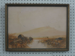 F Bate, watercolour drawing "Mountain Scene with River and Sheep" 10" x 14"