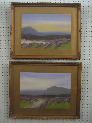 G Gordon, a pair of oil paintings on board "Moorland Scenes with Hills and Path" 8" x 14"