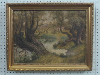 Oil on canvas "Rural Scene with River" monogrammed CG the reverse marked Frame Charles Gibbs, 11" x 16"