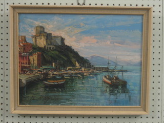 Martin Kintziger, oil on canvas "Study of Harbour with Hill Top Castle" 11" x 16" 20-30